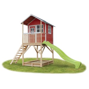 Casetta da gioco in legno EXIT Loft 700 rossa con scivolo e sabbiera. Ideale per il giardino.