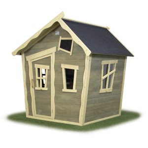 EXIT Crooky 100 cabane en bois gris-beige avec murs inclinés et toit noir.