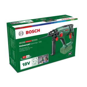 Trapano a percussione a batteria Bosch UniversalHammer 18V nella scatola. Il trapano è verde e nero.