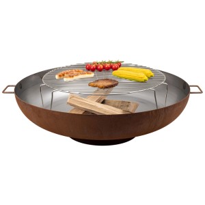 Brasero Nouvel Elegante en acier rouille (Ø 85cm) avec grille et aliments.