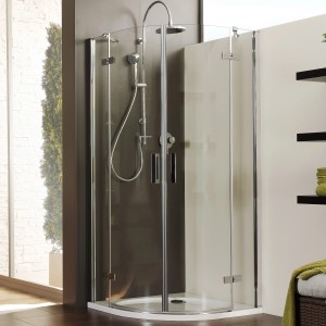 Cabine de douche quart de cercle Breuer Panorama, 4 éléments, rayon 550 mm, effet chrome et verre clair.