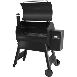 Grill à pellets de bois Traeger Pro 780 noir avec couvercle ouvert et panneau de commande numérique.