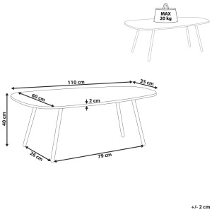 Schizzo: Tavolino da caffè Beliani Biddle, effetto marmo bianco, 40x60x110 cm, dimensioni e portata mostrate.