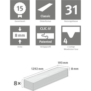 Sol en liège Egger Home Comfort Classic : détails techniques sur les dimensions, la classe d’utilisation et la pose.