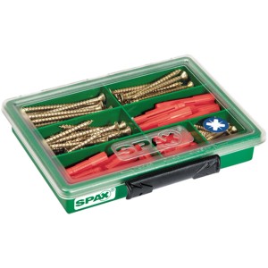 Spax Assorter avec vis cruciformes jaunes et chevilles, jeu de vis à bois de 130 pièces.