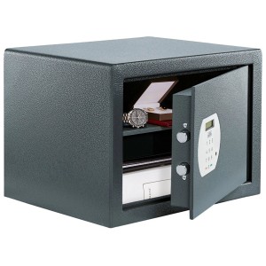 Cassaforte per mobili Burg-Wächter PS 130 E con porta aperta, orologio e gioielli all'interno.