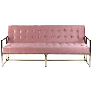 Canapé convertible rose Marstal avec revêtement en velours et structure en métal doré.