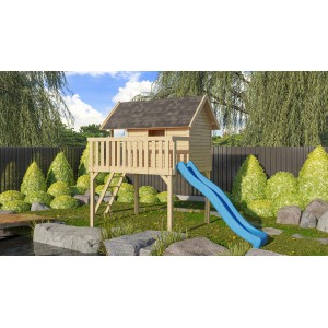 Ensemble cabane sur pilotis Karibu Fidel avec toboggan à vagues bleu et échelle dans le jardin.