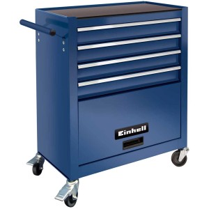 Carrello da officina blu Einhell BT-WW 180 con 4 cassetti, vano portaoggetti e set di attrezzi da 180 pezzi.