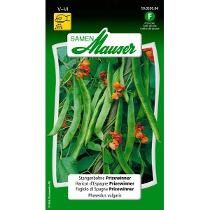 Confezione di semi di fagiolo rampicante 'Feuerbohne' con immagine di fagioli e fiori.