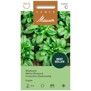 Sachet de graines de mâche 'Duplex' aux feuilles vert foncé.