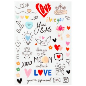 I Am Creative Rub-on Sticker Love A5 mit Herzmotiven, Schriftzügen und Symbolen zum Basteln und Dekorieren.