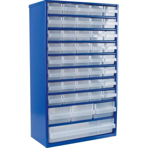 Armadio in acciaio blu con 44 cassetti trasparenti in plastica per minuteria in officina e garage.