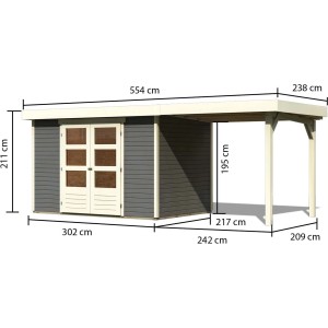 Casetta da giardino in legno Karibu Boras, grigio terra, con tetto piatto ed estensione, dimensioni: 298x213 cm.