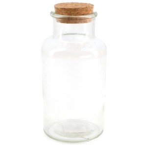 Bouteille en verre transparent Orion avec bouchon en liège, hauteur 16,5 cm, comme vase décoratif pour fleurs ou branches.