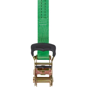 Sangle d'arrimage verte avec cliquet (3,8 cm x 600 cm) en polyester et acier pour sécuriser le chargement.