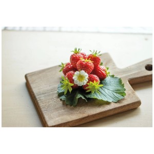 Fragole 'Mara de Bois' su tagliere di legno con fiore e foglie.