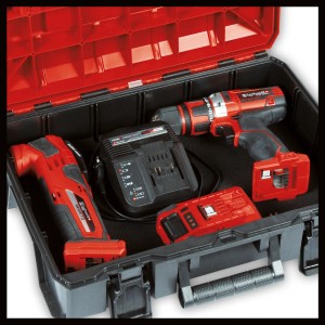 Mallette à outils Einhell E-Case S-F (rouge-noir) avec outils, batterie et chargeur.