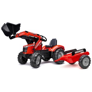 Trattore rosso Falk Massey Ferguson XL con caricatore frontale e rimorchio per bambini.