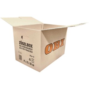 Carton de déménagement OBI ouvert, double cannelure, taille S, 43 litres, en carton certifié FSC®.
