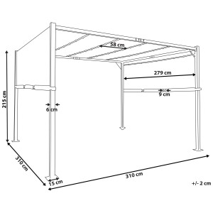 Schizzo del pergolato beige Beliani Parga con LED, 310x310cm, dimensioni e dettagli.