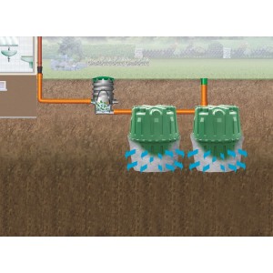 Cuve d'infiltration Herkules 1600 L en coupe avec tuyaux et filtre.