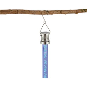 Lampe solaire suspendue bleue en forme de bâton avec LED, accrochée à une branche. Décoration pour jardin et balcon.