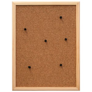 Panneau de liège naturel 30x40 cm avec cadre en bois et punaises noires.