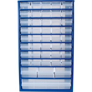 Armadietto in acciaio blu LUX-TOOLS con 44 cassetti trasparenti in plastica di varie misure per minuteria.