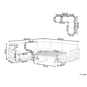 Schizzo del set lounge Timor II in legno di acacia con dimensioni per mobili da giardino.