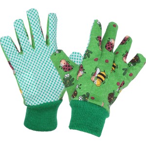 Guanti da lavoro verdi LUX per bambini taglia 5 con coccinella e pois.