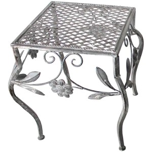 Supporto per piante quadrato in ferro grigio antico con decoro floreale, 38x28x28 cm.
