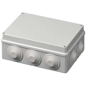 Graue Max Hauri Abzweigdose AP/IP55, 190x140x70mm, mit Kabeleinführungen.