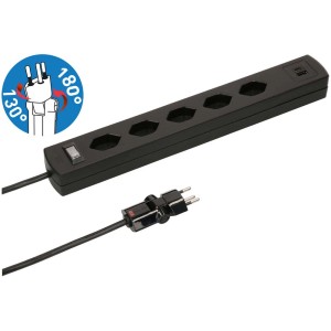 Multiprise noire Max Hauri avec 5 prises T13, 2 ports USB et fiche flexible.