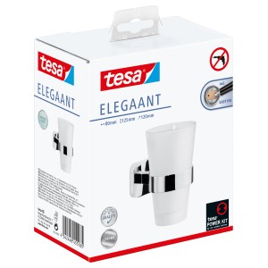 Confezione del portaspazzolino cromato Tesa Elegaant con bicchiere in vetro satinato e supporto cromato.