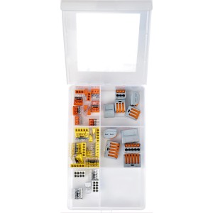 Boîte d'assortiment avec 45 bornes de connexion assorties.