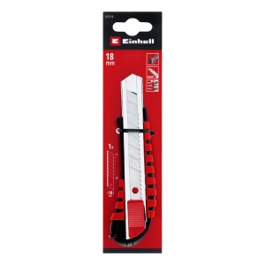 Coltello multiuso Einhell con lama a spezzare da 18 mm in confezione rossa. Robusto corpo in metallo.