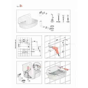 Instructions de montage pour évier blanc type 500 avec accessoires et dimensions.