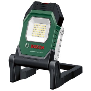 Bosch Akku-LED-Leuchte UniversalWorkLight 18V-2100 mit flexiblem Leuchtenkopf und Akku-Fach.