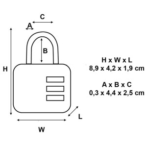 Abbildung eines Master Lock Zahlen-Vorhängeschlosses mit Stahlkabel und Maßangaben.