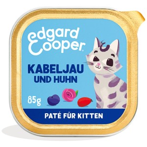 Edgard & Cooper cibo umido per gattini, Paté Merluzzo e Pollo, vaschetta da 85g con illustrazione di gatto.