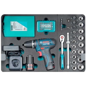 Technocraft Mallette à outils en aluminium Pro GSR 147 avec visseuse sans fil Bosch et assortiment d'outils.