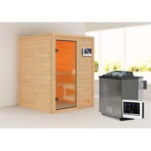 Sauna Woodfeeling Sandra con stufa bio e porta in vetro. Sauna in legno massello per ore di relax.