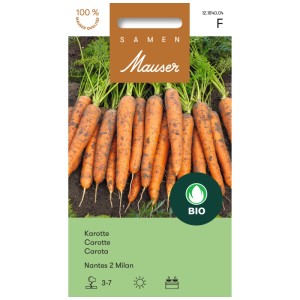 Samenpackung Mauser Karotte Nantes 2 Milan Bio mit Abbildung frischer, oranger Möhren und grüner Blätter.