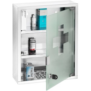 Armoire suspendue de salle de bain Wenko couleur aluminium, 40 cm de large, avec porte en verre et motif croix. Idéal pour les accessoires de salle de bain.