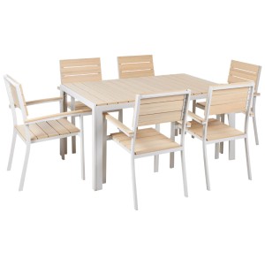 Ensemble de meubles de jardin Beliani Como 7 pièces, beige. Table et 6 chaises avec accoudoirs, aluminium et bois synthétique.