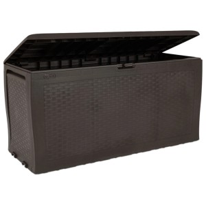 Coffre de rangement Keter Samara Rattan marron, 270 l, avec couvercle ouvert.