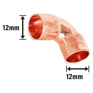 Raccordo a gomito in rame, 90°, diametro 12 mm, per tubi in rame e installazione acqua potabile.