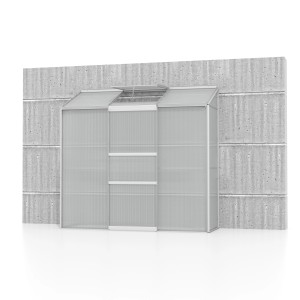 Serre adossée Vitavia Ida 1300 avec cadre en aluminium et panneaux en polycarbonate contre un mur.