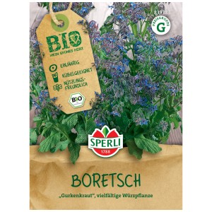 Semi di borragine biologica Sperli con fiori blu e foglie verdi.